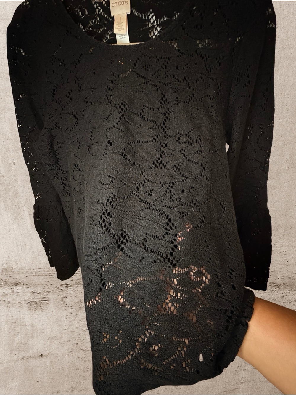 Chico's Chic Black Floral Lace Ruffle Bell Sleeve Top Size Medium Cotton - Picture 7 of 7